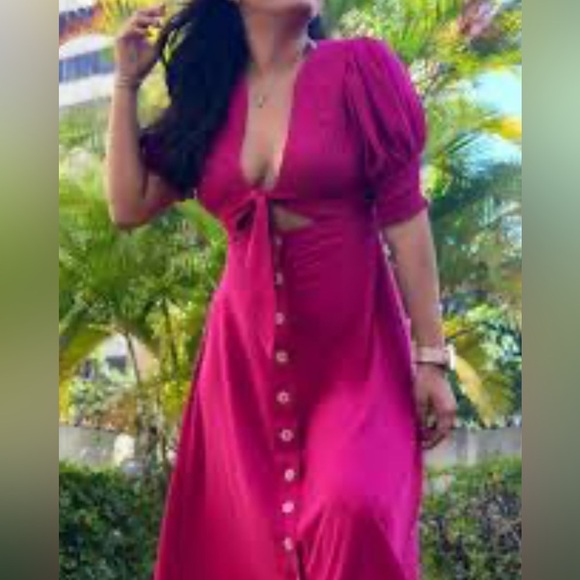 Lulu’s Featured Cutie Berry Pink Smocked Tie-Front Midi Dress Size XS - Picture 15 of 17